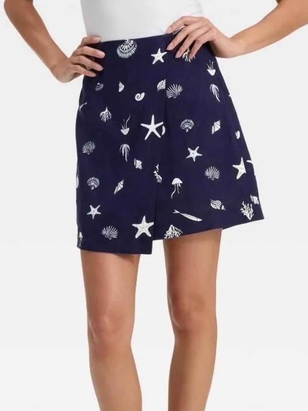 A New Day Navy Seashell Print Skort Size 12 Coastal Linen Blend Beach Summer